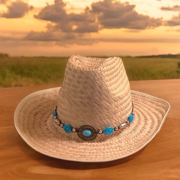 Accessories - Faux Turquoise Decor Straw Cowboy Hat